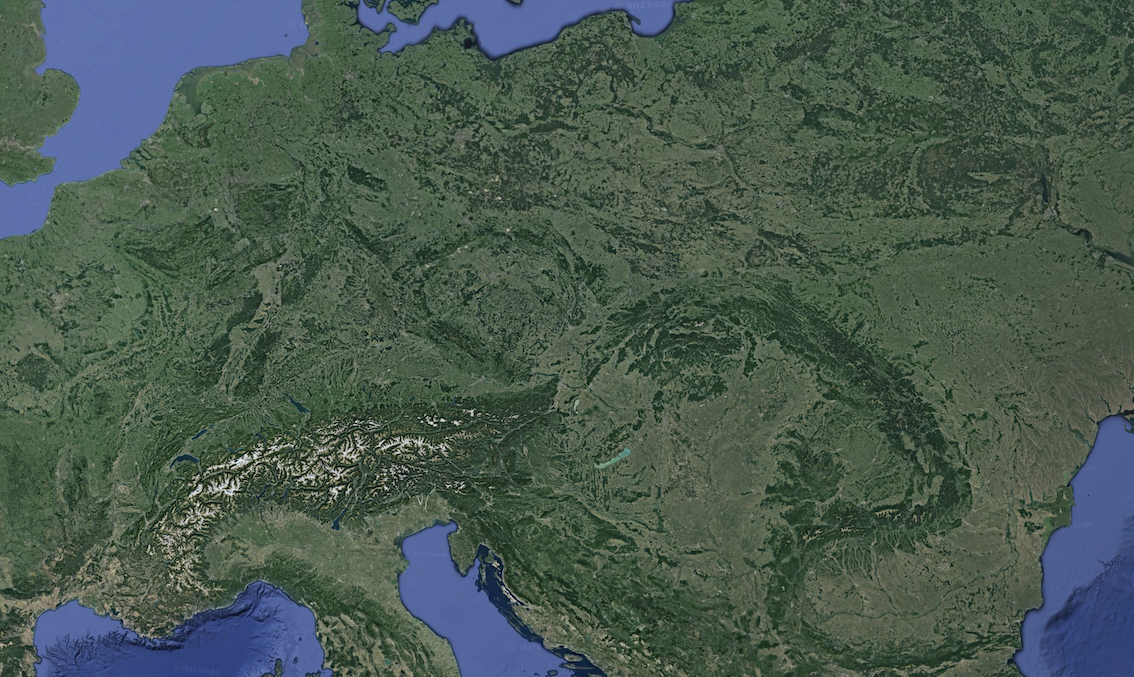 Google Earth Hintergrundbild von West- bis Osteuropa für Helmut Böttiger: Orte Paul Celan
